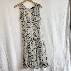 Teri Jon Spotted Black and Cream Midi Silk Dress